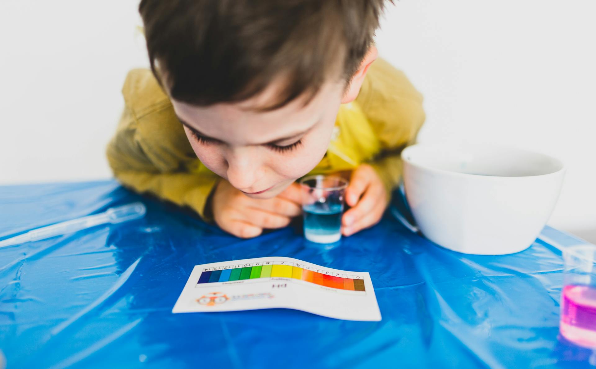 From above of crop kid looking at paper with colors of rainbow near glasses with bright liquids on oilcloth during chemical analysis at home